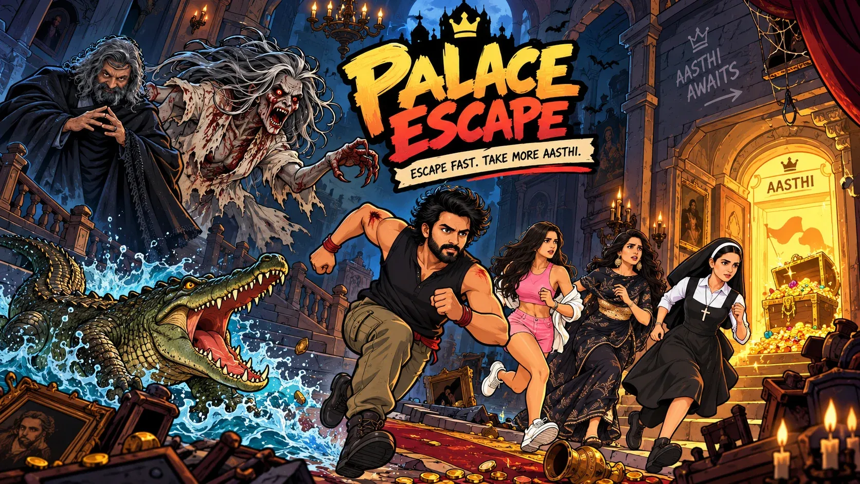 Palace Escape key art: Rajasaab running through the palace past chasers toward the Aasthi treasure