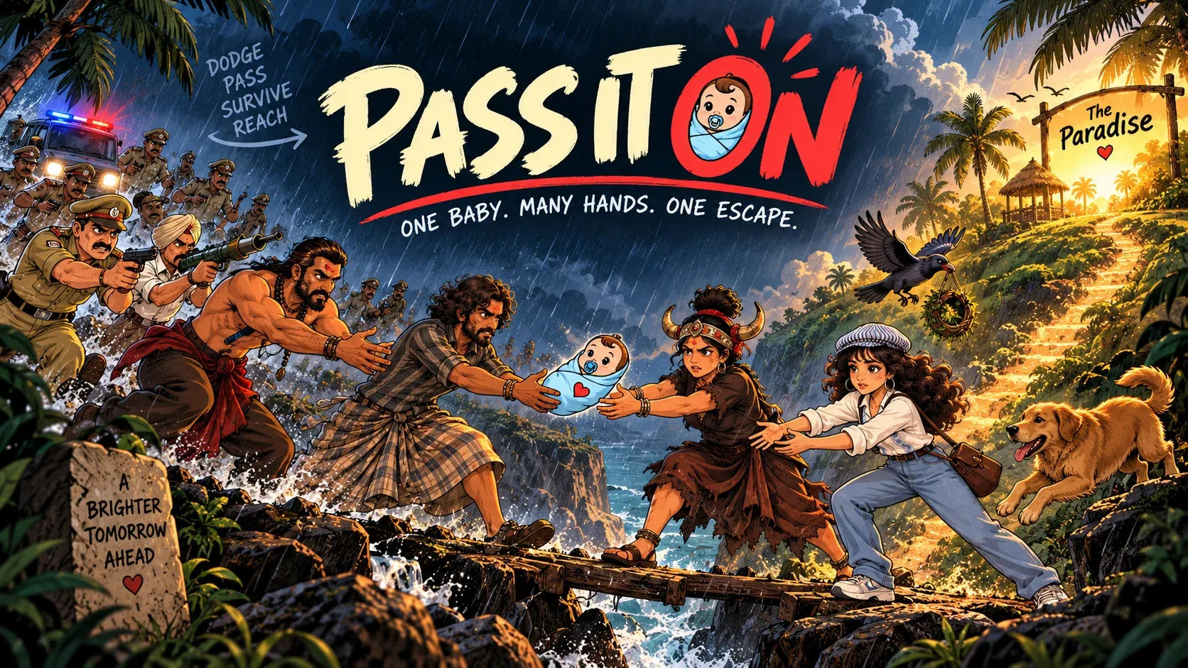 Pass It On key art: a baby passed hand to hand across a rain-lashed bridge toward The Paradise